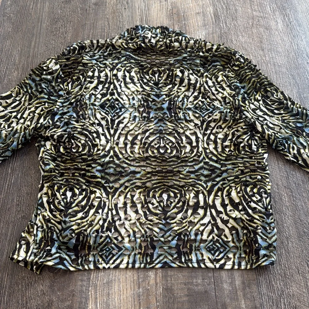 ALBERTO MAKALI Animal Print Eyelet Open Front Draped Cardigan Women Size Small - Picture 9 of 12